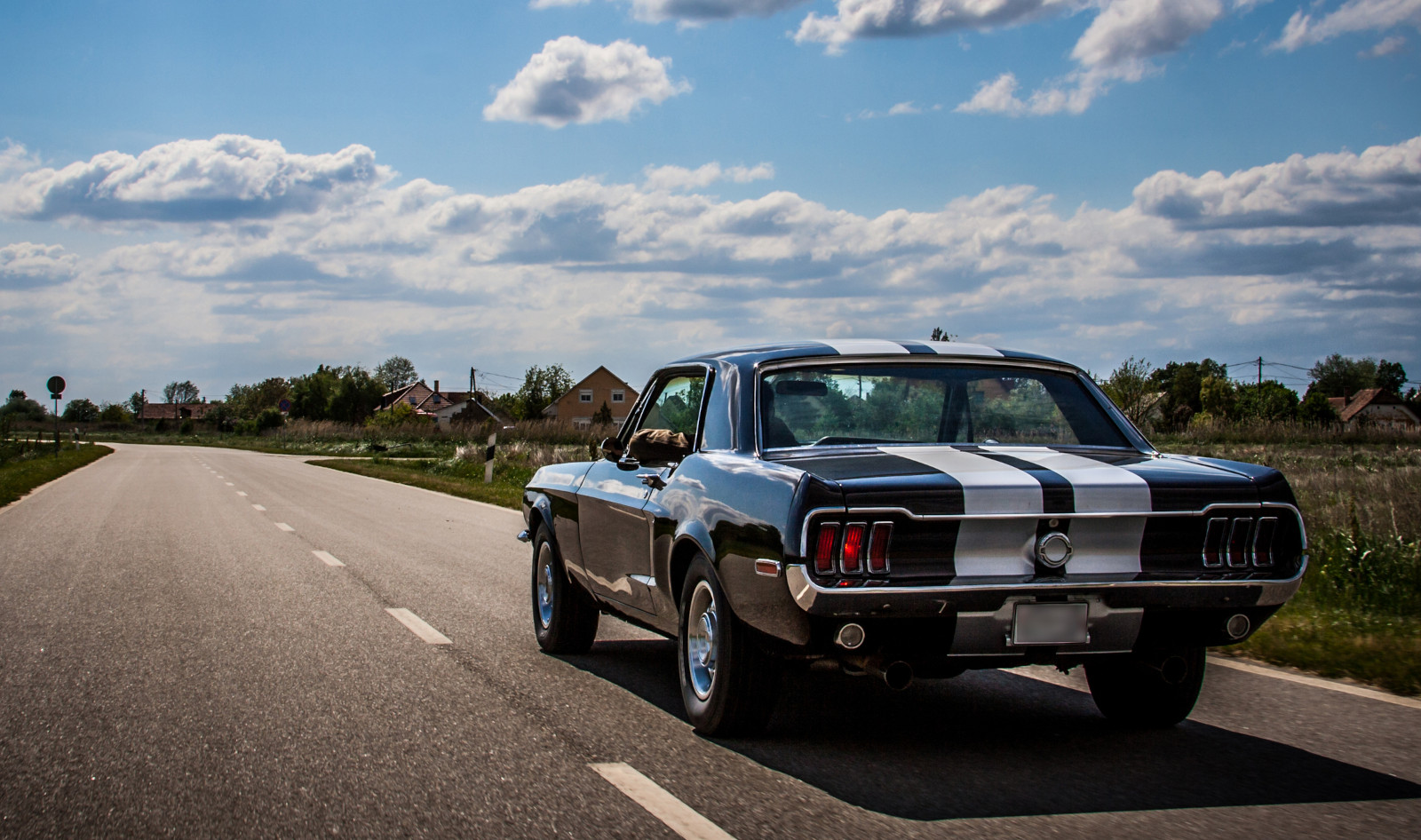 blue ford mustang with white racing stripe